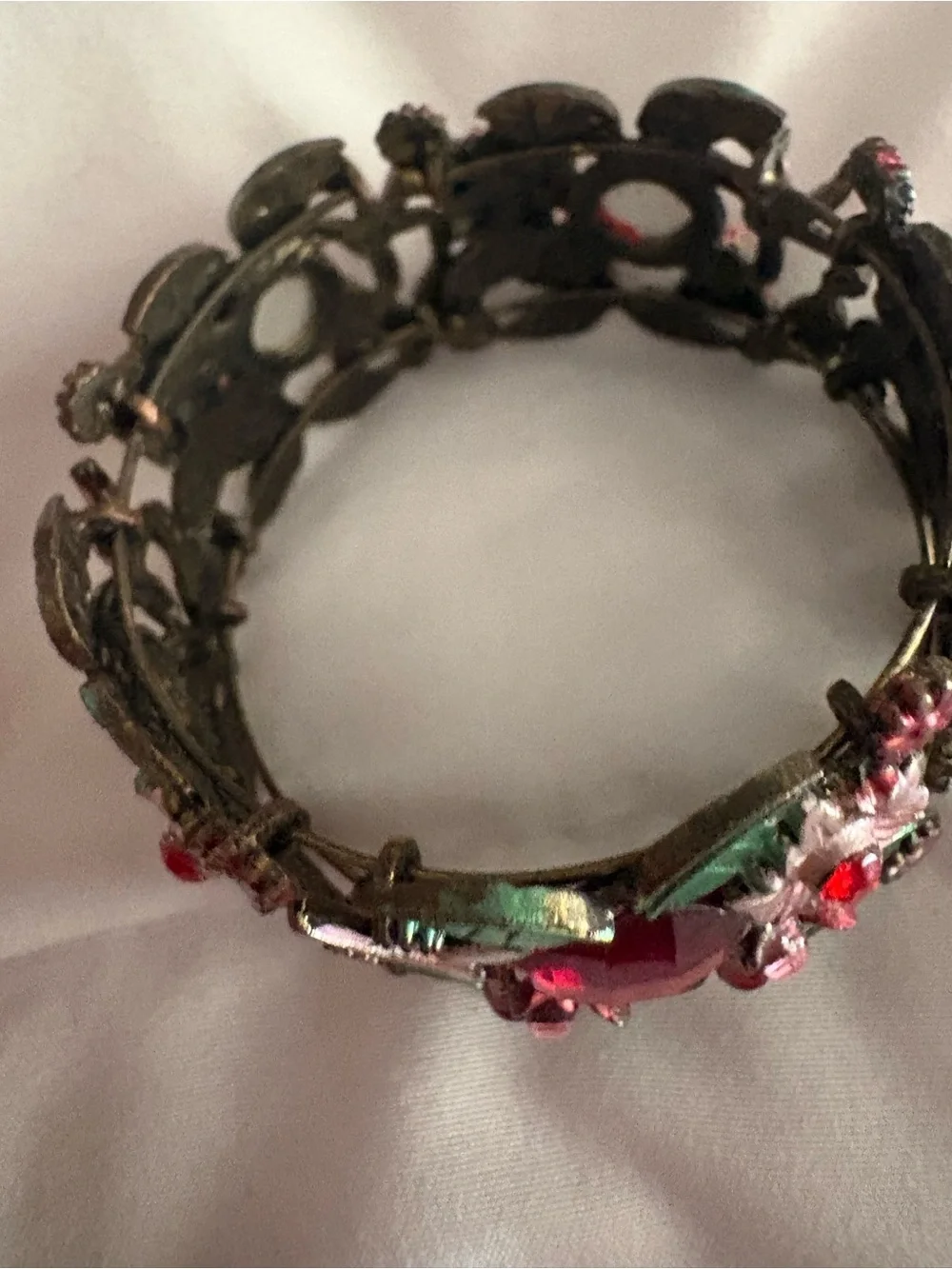 Vintage Floral Red Gem Green Leaf Statement Cuff Bracelet